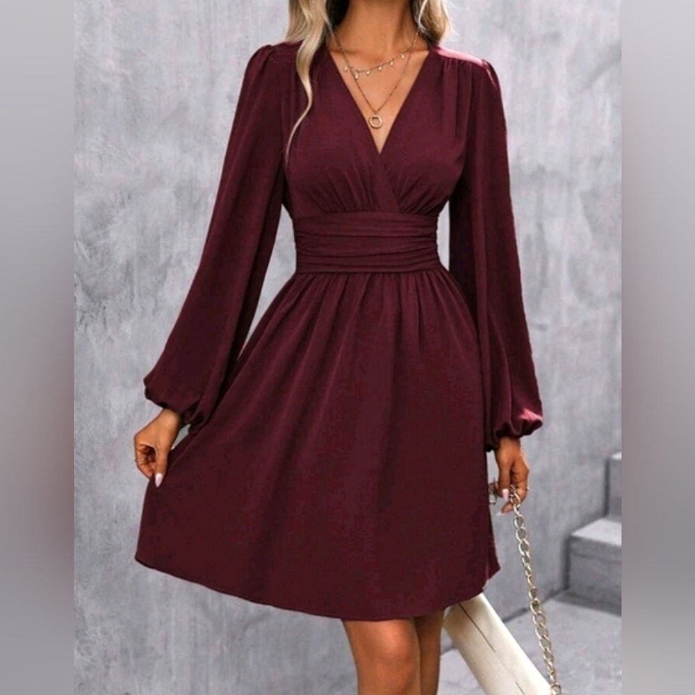NEW Chic Ruched Waist Lantern Sleeve Dress Burgundy Red - Picture 4 of 9